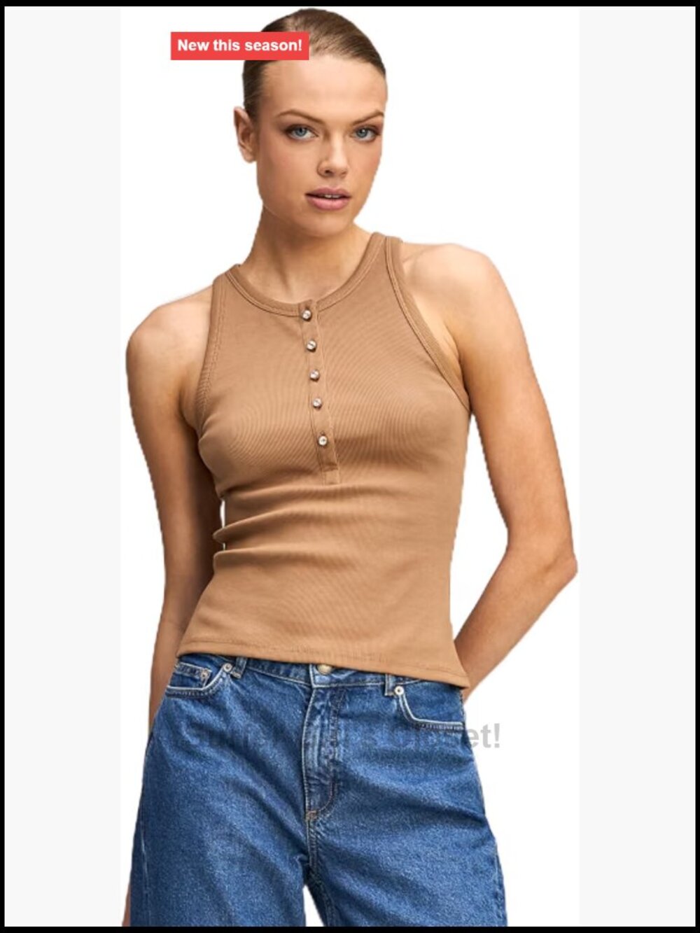 Fitted Ribbed Tank Top with Rhinestone Buttons, Cotton Spandex, Women's